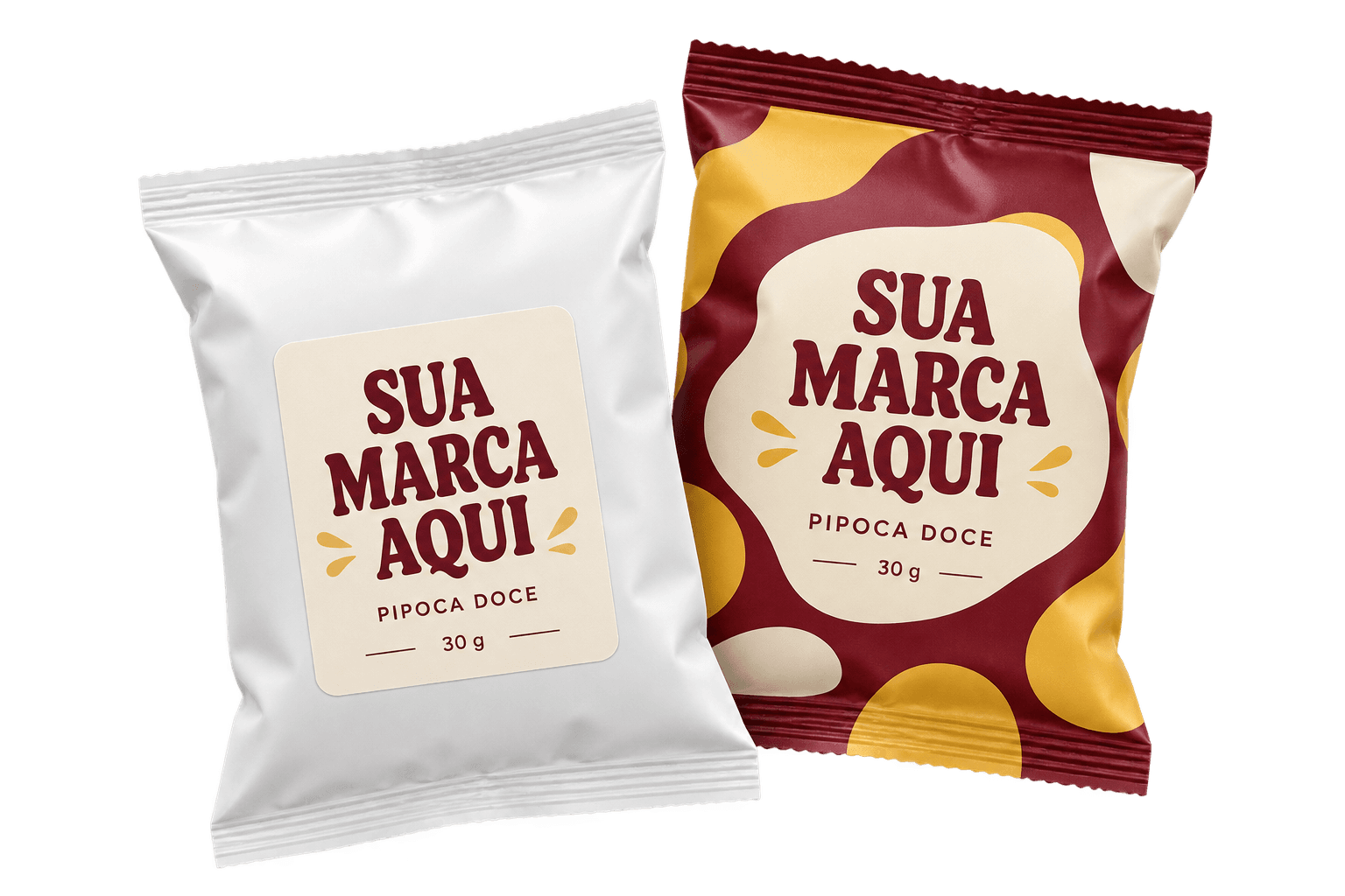 Pipoca personalizada em pacote branco com etiqueta e embalagem impressa com Sua Marca Aqui