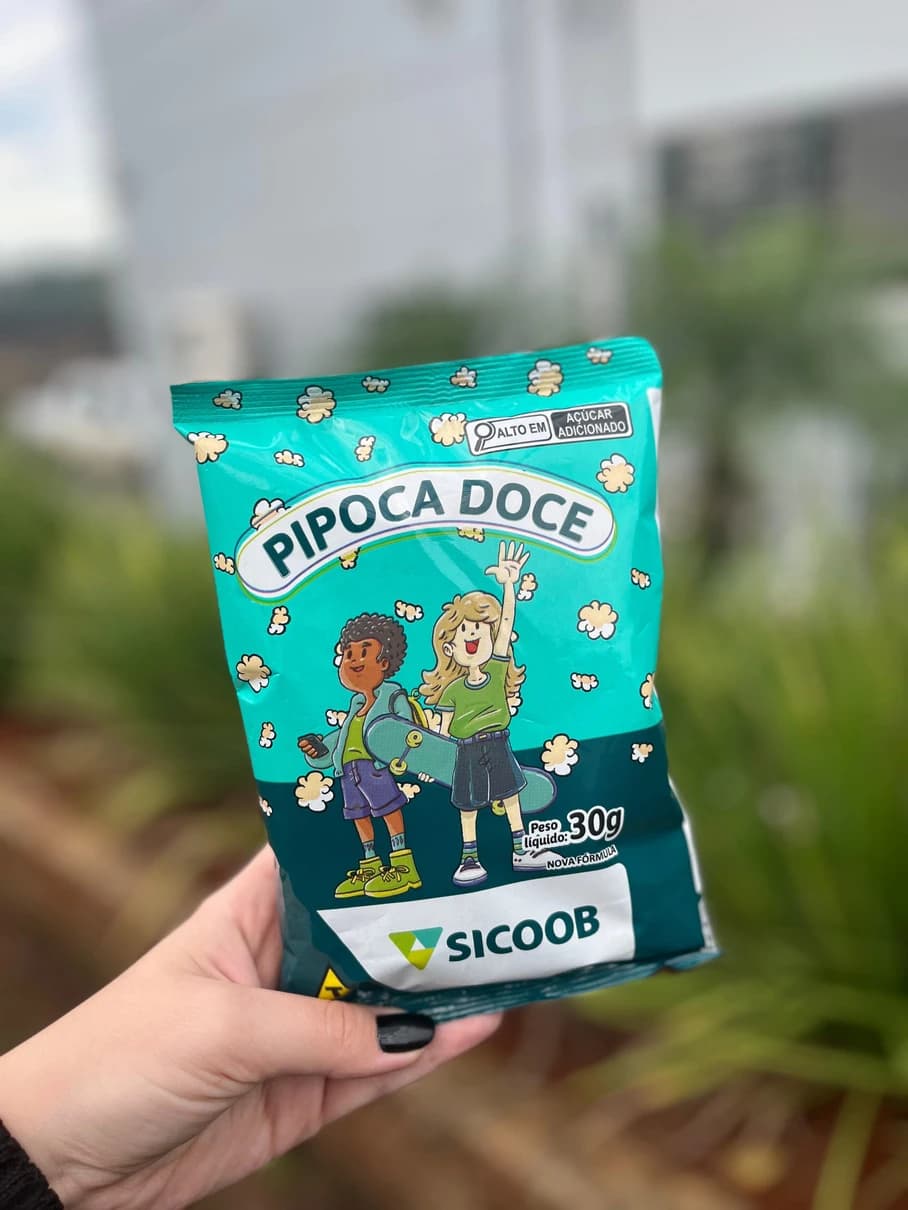 Pipoca personalizada Sicoob, exemplo de embalagem impressa